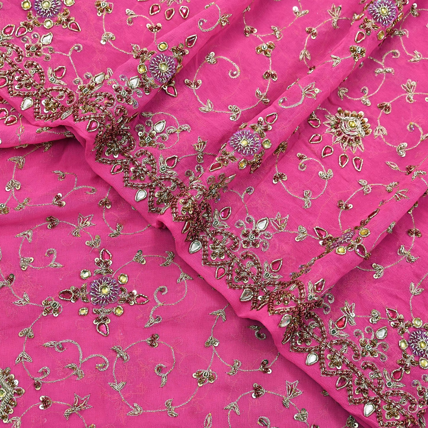 Indian Vintage Heavy Pink Bridal Dupatta Pure Georgette Silk Hand Embroidered Zardozi, Dabka, Zari Work Party Wear Long Stole