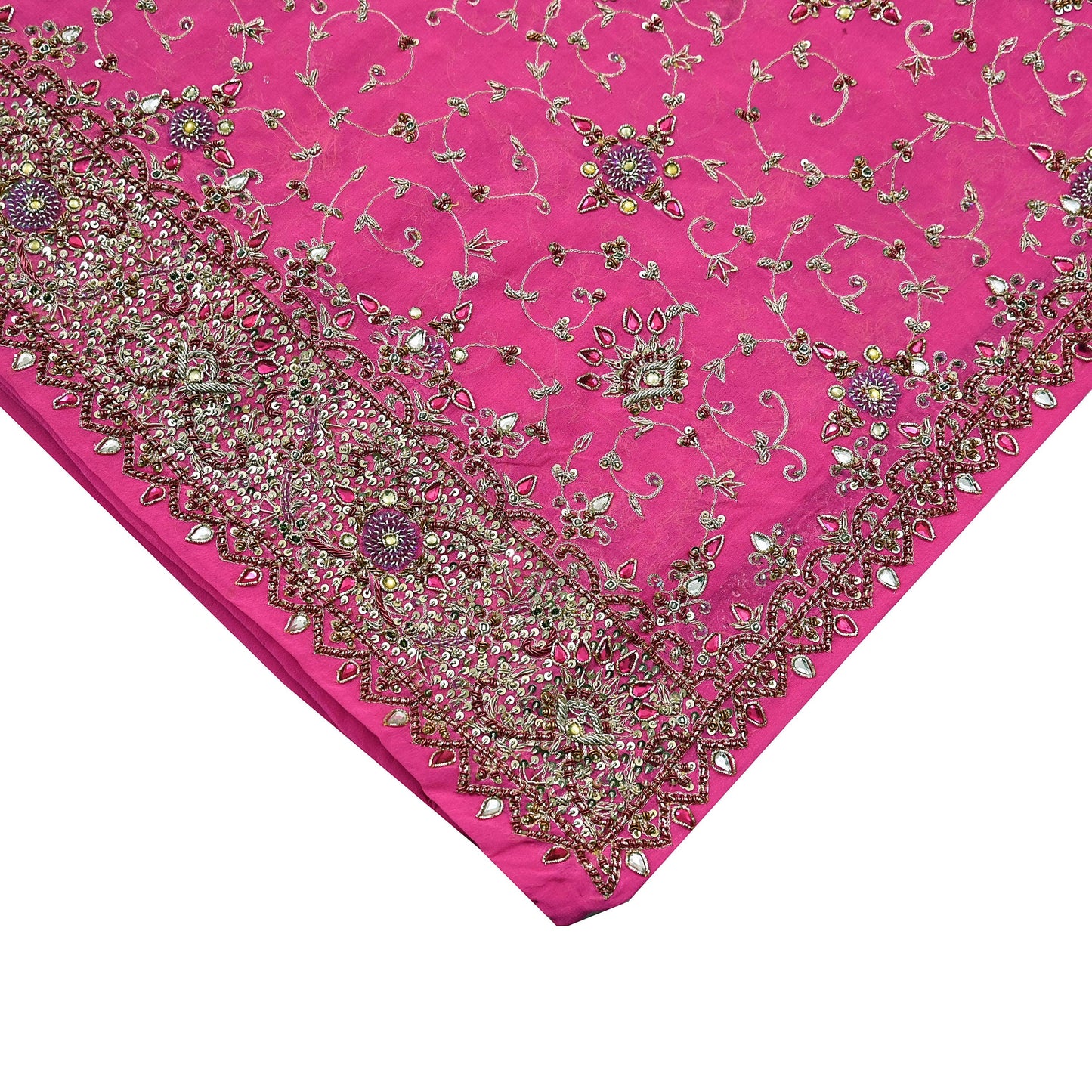 Indian Vintage Heavy Pink Bridal Dupatta Pure Georgette Silk Hand Embroidered Zardozi, Dabka, Zari Work Party Wear Long Stole