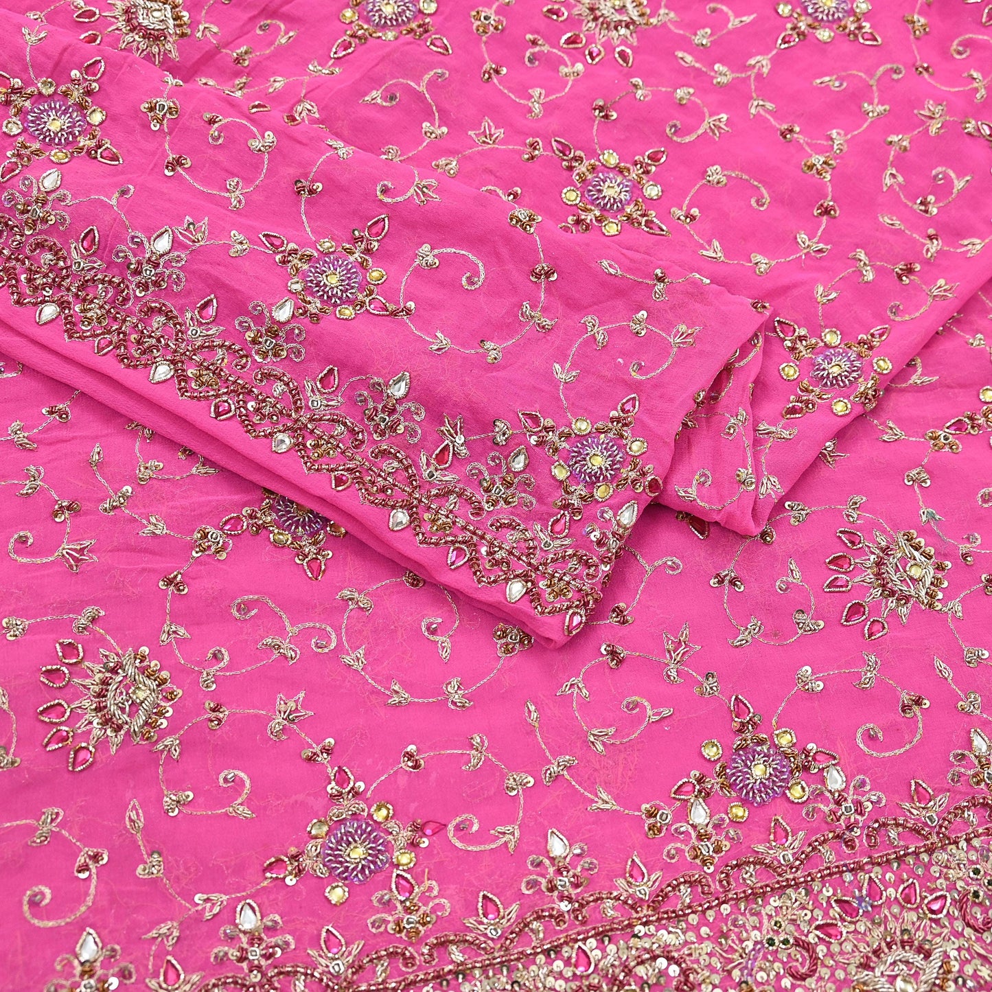 Indian Vintage Heavy Pink Bridal Dupatta Pure Georgette Silk Hand Embroidered Zardozi, Dabka, Zari Work Party Wear Long Stole
