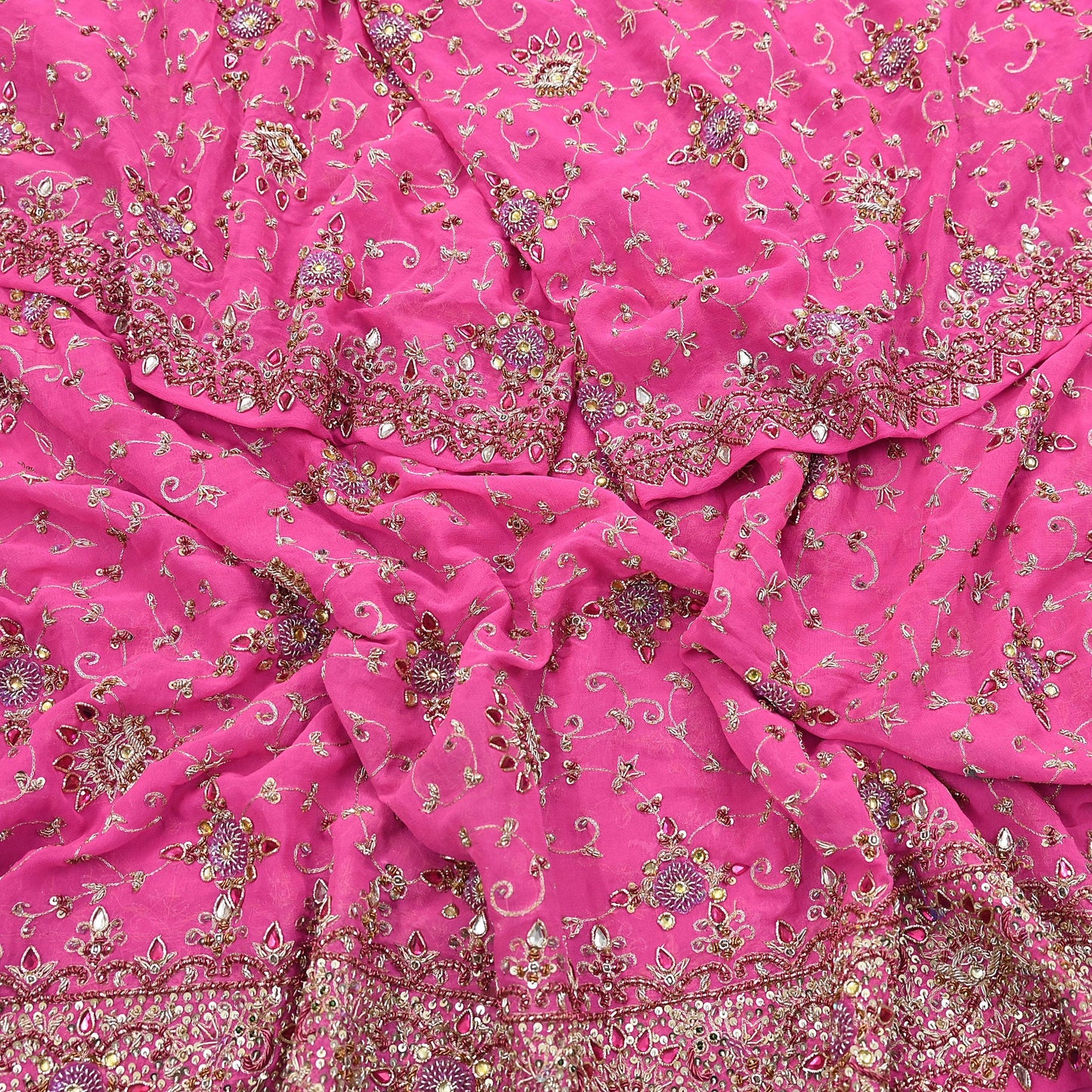 Indian Vintage Heavy Pink Bridal Dupatta Pure Georgette Silk Hand Embroidered Zardozi, Dabka, Zari Work Party Wear Long Stole