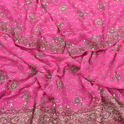 Indian Vintage Heavy Pink Bridal Dupatta Pure Georgette Silk Hand Embroidered Zardozi, Dabka, Zari Work Party Wear Long Stole