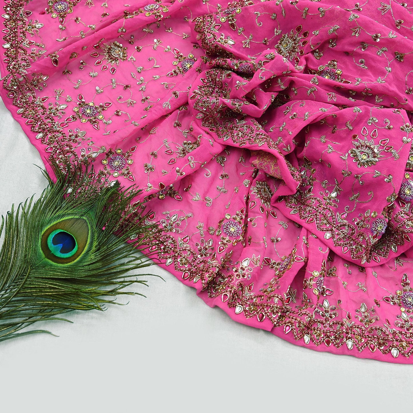 Indian Vintage Heavy Pink Bridal Dupatta Pure Georgette Silk Hand Embroidered Zardozi, Dabka, Zari Work Party Wear Long Stole