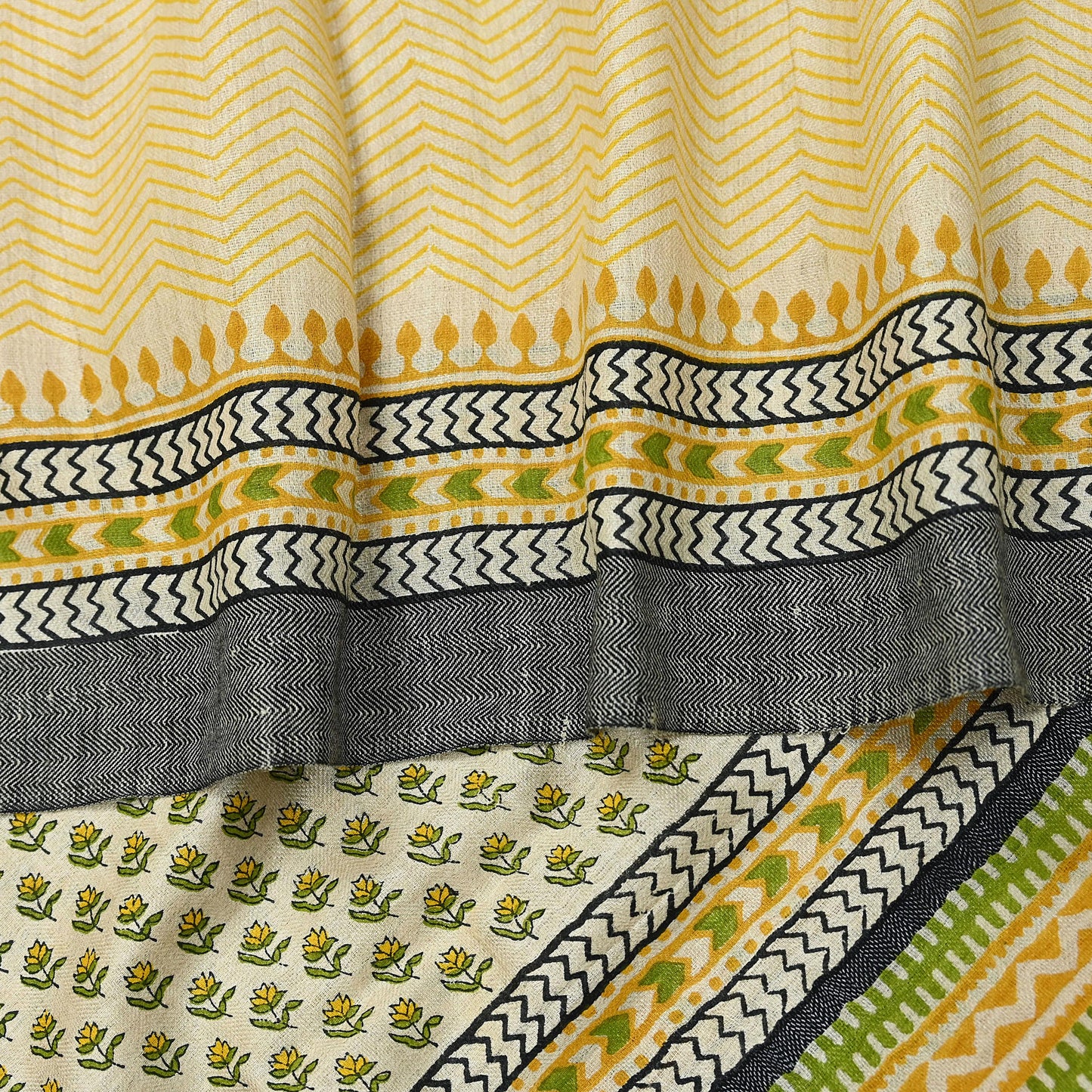 Vintage Yellow & Beige Long Stole Pure Woolen Scarf Printed Dupatta Infinity Scarves Sarong Wrap Veil Woman Hijab Shawl Craft Fabric Fringes