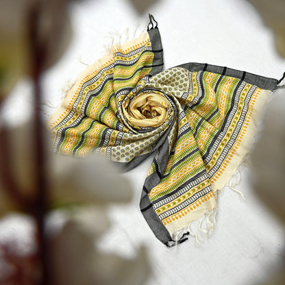 Vintage Yellow & Beige Long Stole Pure Woolen Scarf Printed Dupatta Infinity Scarves Sarong Wrap Veil Woman Hijab Shawl Craft Fabric Fringes