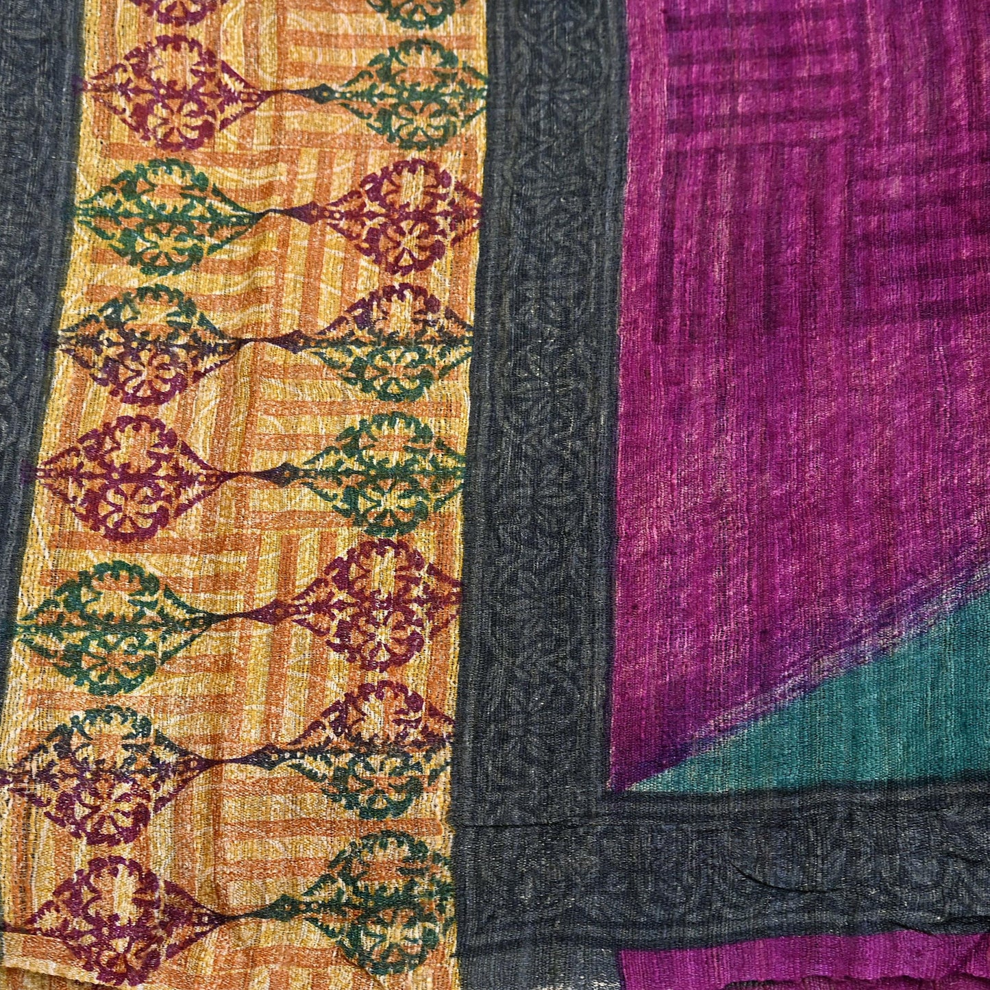 Indian Vintage Green & Purple Dupatta Long Stole 100% Pure Khadi Silk Hand Woven/ Printed Scarves Veil Scarf Wrap Hippie Fringes