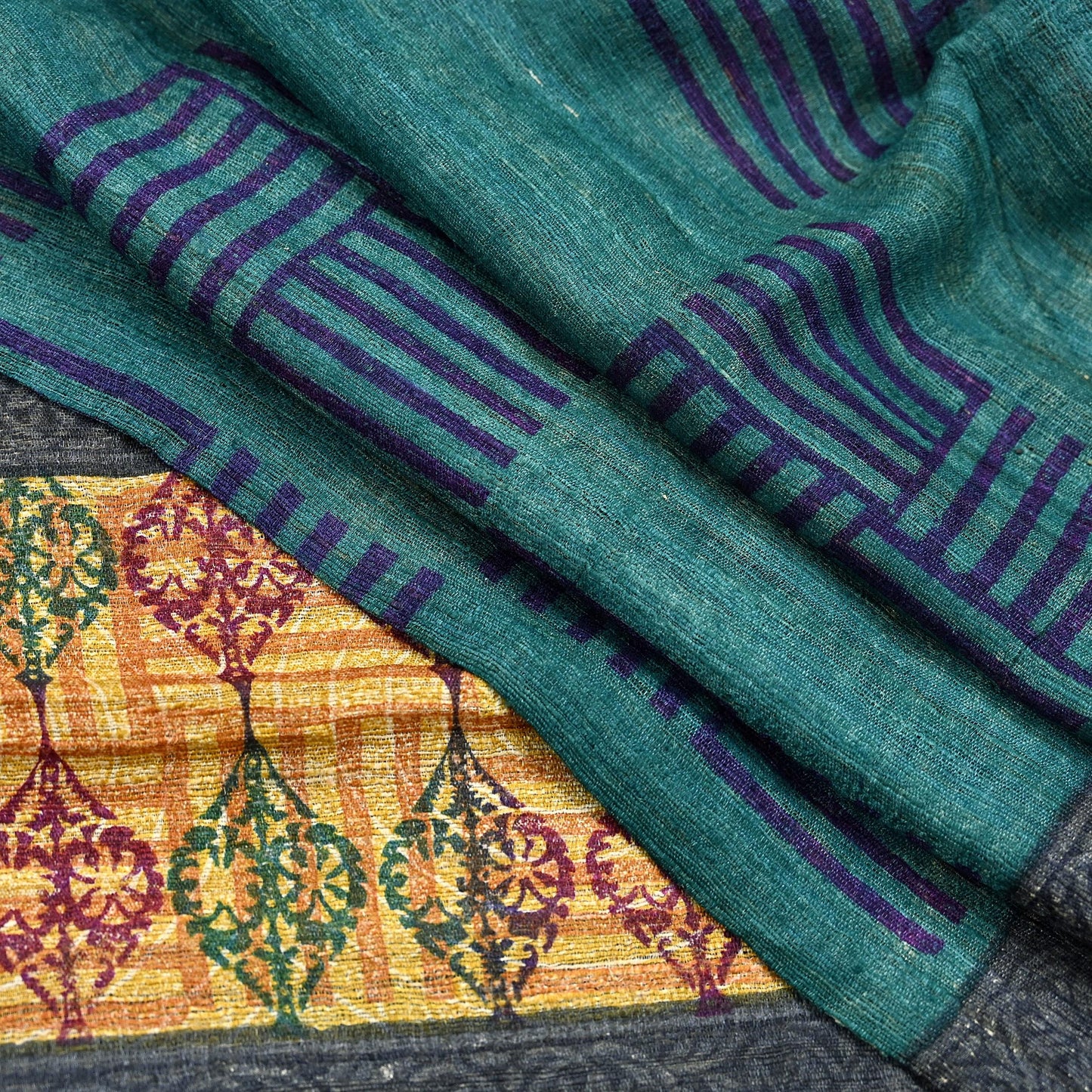 Indian Vintage Green & Purple Dupatta Long Stole 100% Pure Khadi Silk Hand Woven/ Printed Scarves Veil Scarf Wrap Hippie Fringes