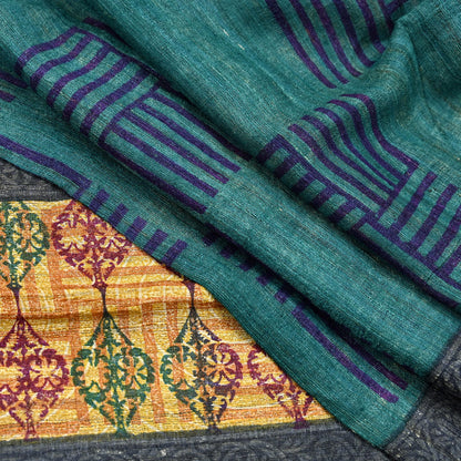 Indian Vintage Green & Purple Dupatta Long Stole 100% Pure Khadi Silk Hand Woven/ Printed Scarves Veil Scarf Wrap Hippie Fringes