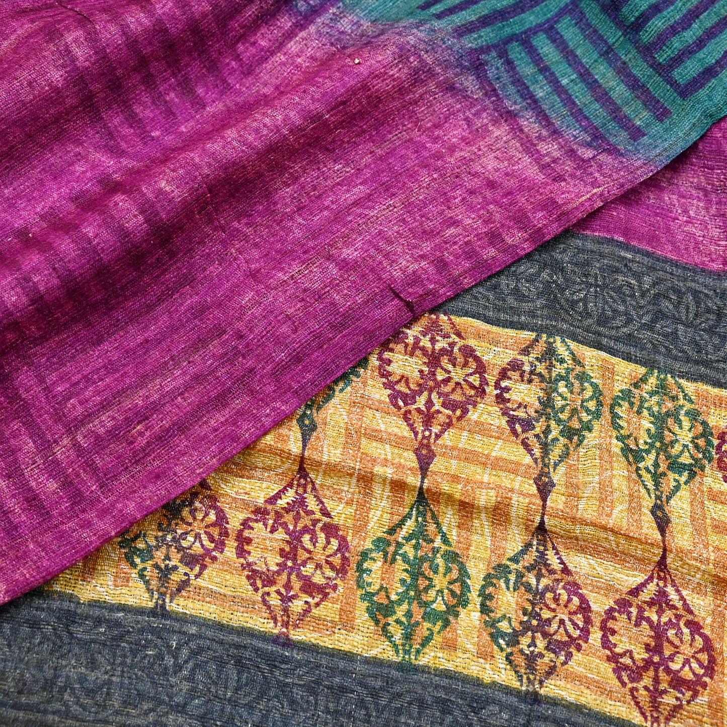 Indian Vintage Green & Purple Dupatta Long Stole 100% Pure Khadi Silk Hand Woven/ Printed Scarves Veil Scarf Wrap Hippie Fringes