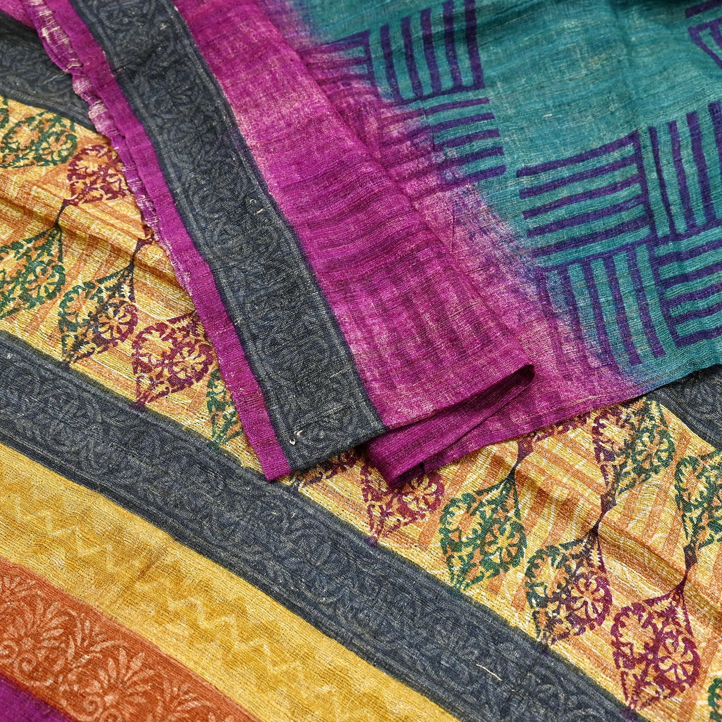 Indian Vintage Green & Purple Dupatta Long Stole 100% Pure Khadi Silk Hand Woven/ Printed Scarves Veil Scarf Wrap Hippie Fringes