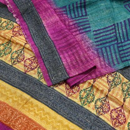 Indian Vintage Green & Purple Dupatta Long Stole 100% Pure Khadi Silk Hand Woven/ Printed Scarves Veil Scarf Wrap Hippie Fringes