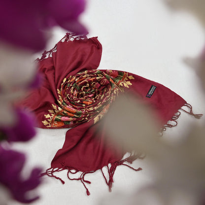 Vintage Stole maroon woolen Handmade Ari work Long Throw Warm Stole Floral Design Fringes