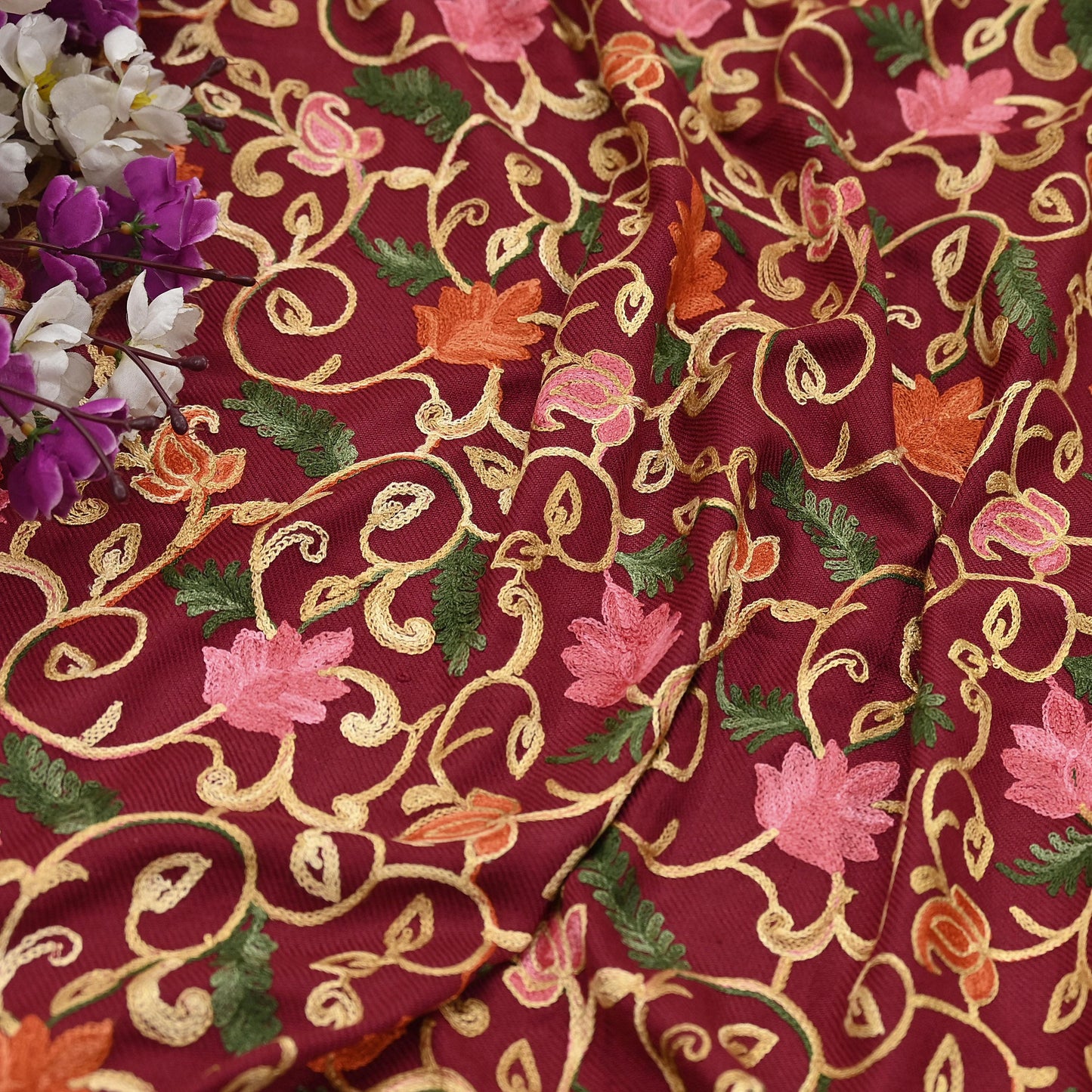 Vintage Stole maroon woolen Handmade Ari work Long Throw Warm Stole Floral Design Fringes