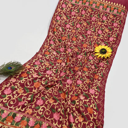 Vintage Stole maroon woolen Handmade Ari work Long Throw Warm Stole Floral Design Fringes