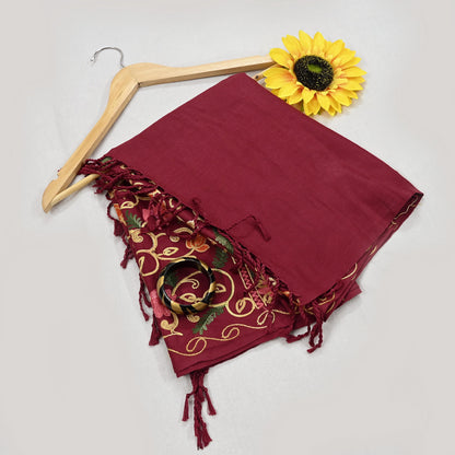 Vintage Stole maroon woolen Handmade Ari work Long Throw Warm Stole Floral Design Fringes