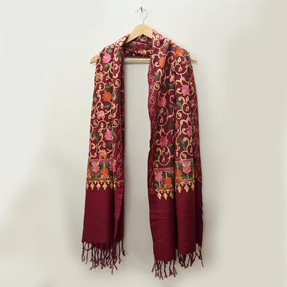 Vintage Stole maroon woolen Handmade Ari work Long Throw Warm Stole Floral Design Fringes