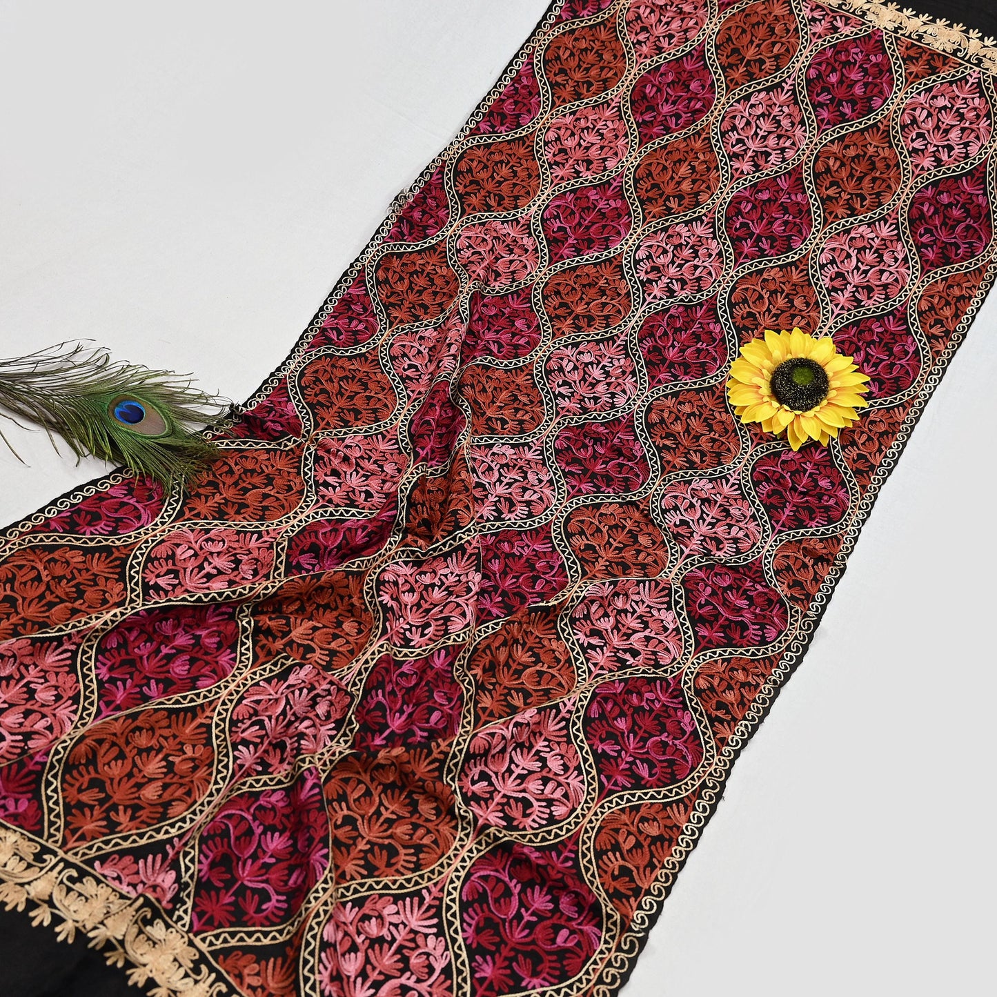 Vintage Stole Black woolen Handmade Ari work Long Throw Warm Stole Floral Design Fringes