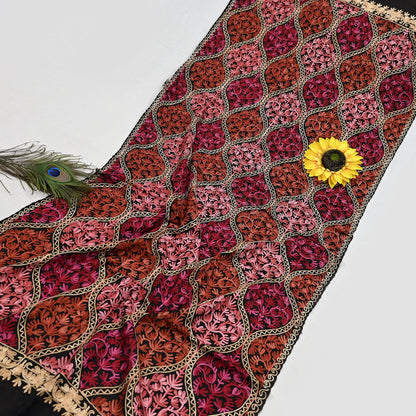 Vintage Stole Black woolen Handmade Ari work Long Throw Warm Stole Floral Design Fringes