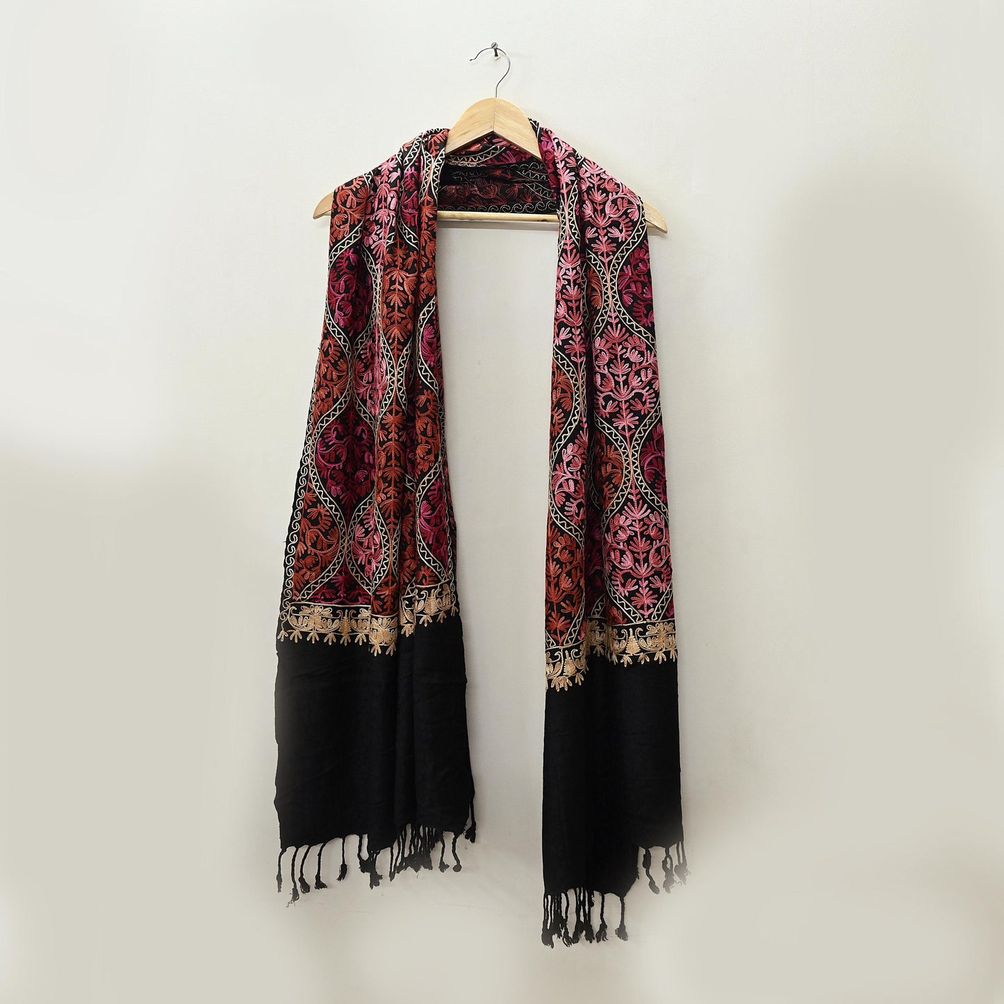 Vintage Stole Black woolen Handmade Ari work Long Throw Warm Stole Floral Design Fringes