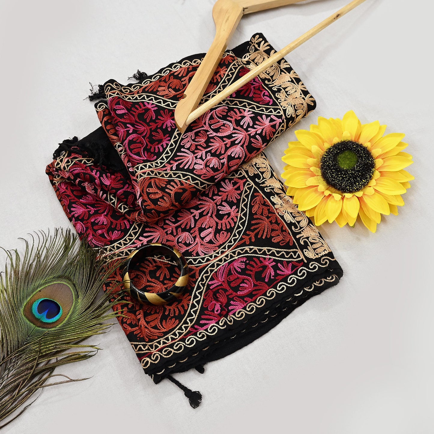 Vintage Stole Black woolen Handmade Ari work Long Throw Warm Stole Floral Design Fringes