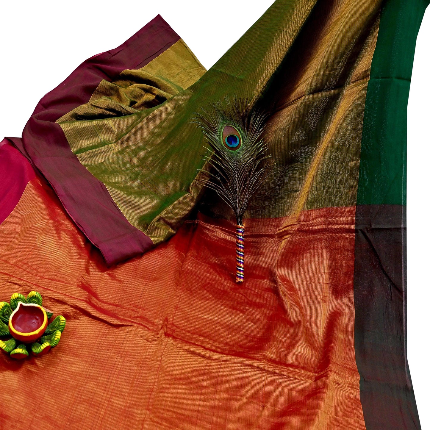 Indian Vintage Heavy Green & Maoon Woven Kanjivaram Saree 100% Pure Silk Sari Zari 5Yard Paisley Dress making Crafting Quilting Upcycle