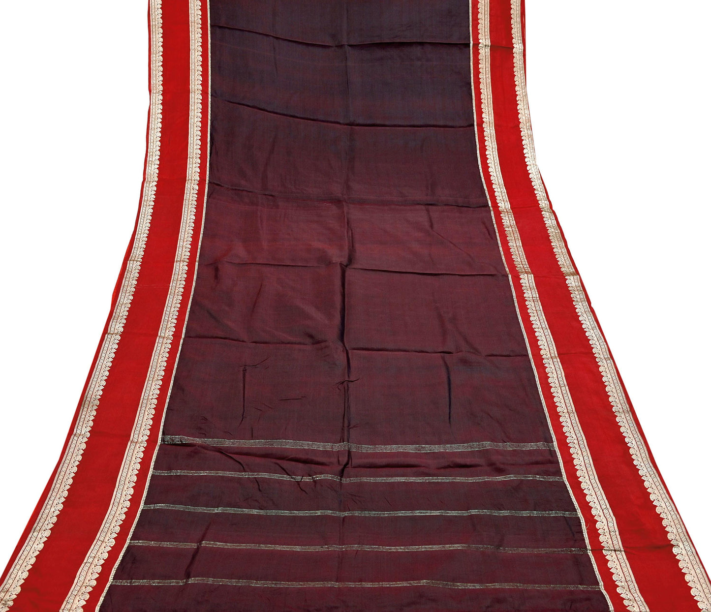 Indian Vintage Sari  Red & Maroon Mysore Silk Woven Saree with Zari Border 5 Yards Soft Craft Fabric Upcycle, Quilting, Dressmaking