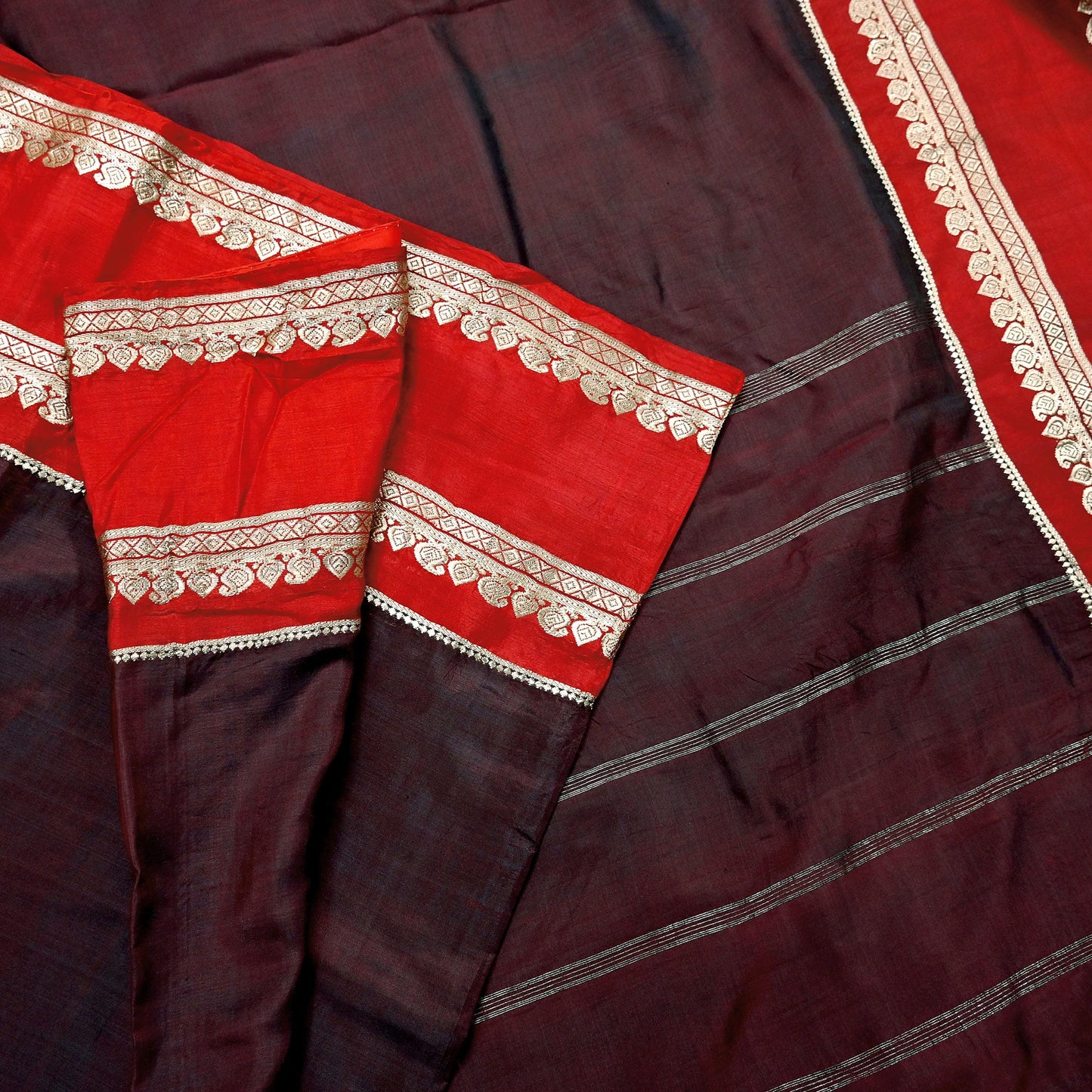Indian Vintage Sari  Red & Maroon Mysore Silk Woven Saree with Zari Border 5 Yards Soft Craft Fabric Upcycle, Quilting, Dressmaking