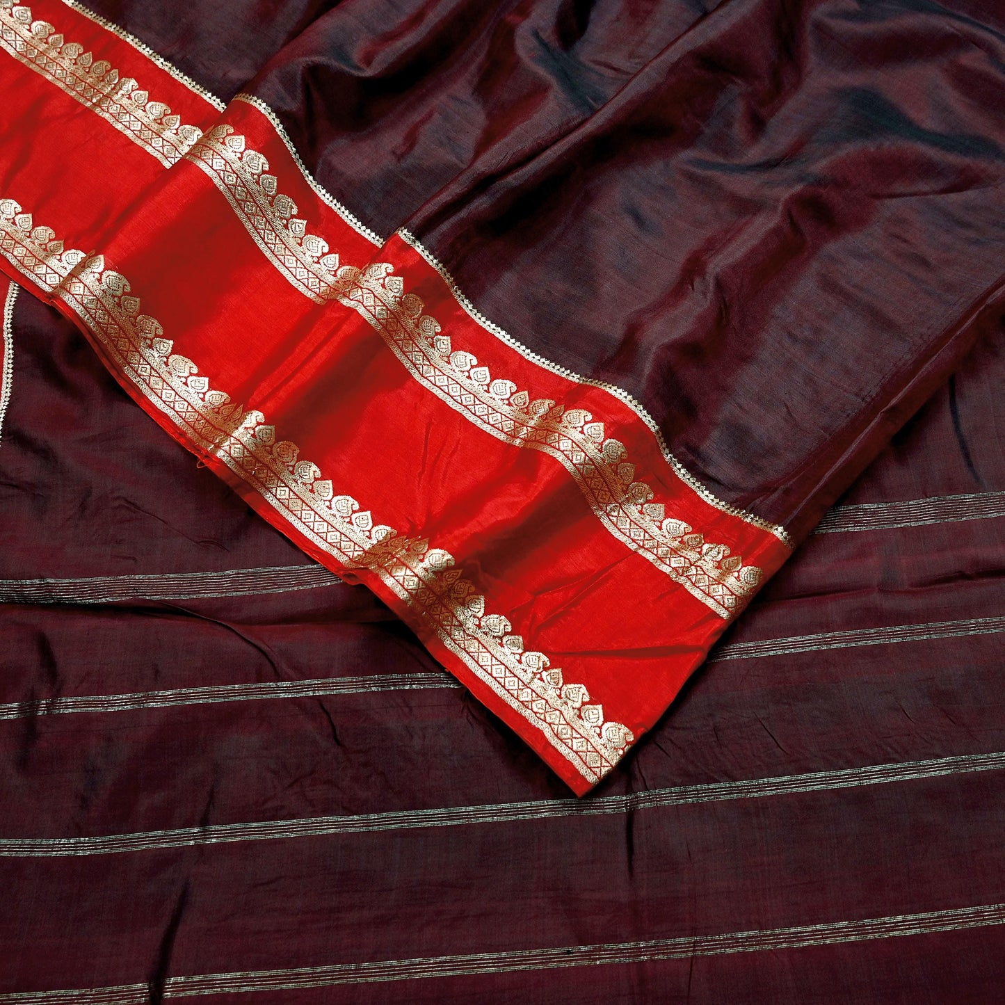 Indian Vintage Sari  Red & Maroon Mysore Silk Woven Saree with Zari Border 5 Yards Soft Craft Fabric Upcycle, Quilting, Dressmaking