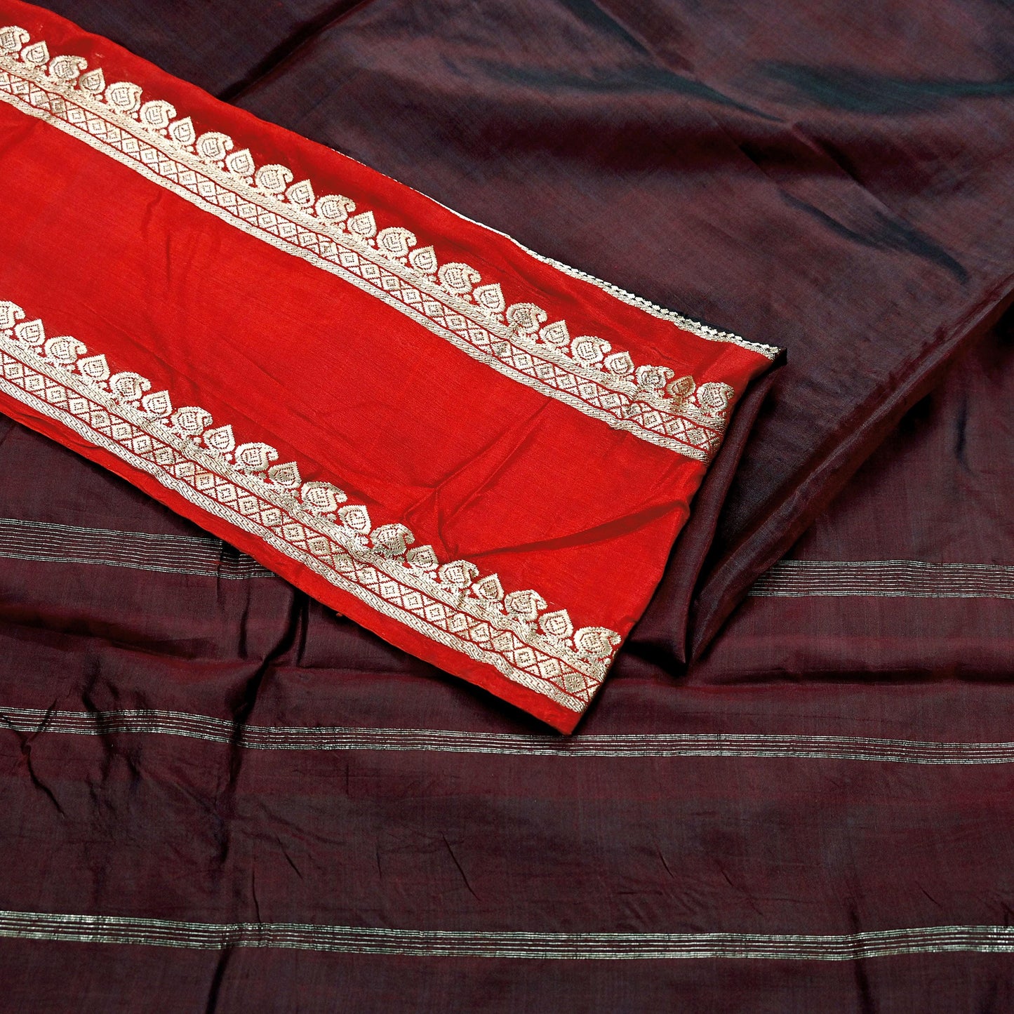Indian Vintage Sari  Red & Maroon Mysore Silk Woven Saree with Zari Border 5 Yards Soft Craft Fabric Upcycle, Quilting, Dressmaking