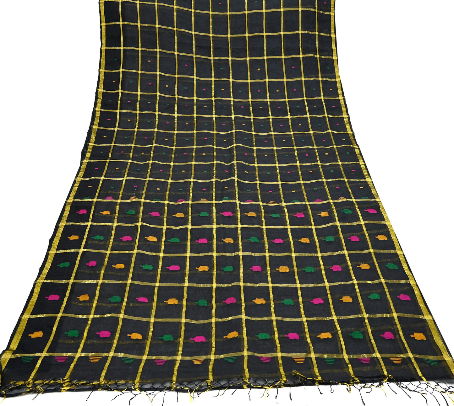 Indian Vintage Sari Black Pure Cotton Hand Woven Sarees Craft Fabric 5yd Ethnic Floral Crafting Upcycle Quilting Dress Making