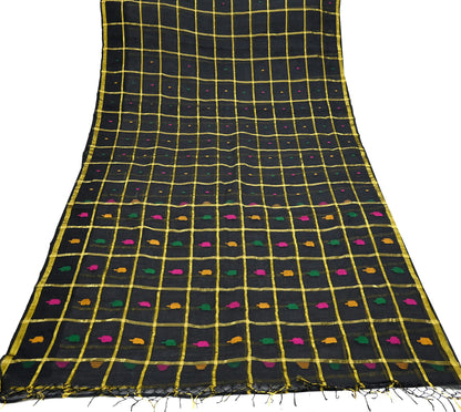 Indian Vintage Sari Black Pure Cotton Hand Woven Sarees Craft Fabric 5yd Ethnic Floral Crafting Upcycle Quilting Dress Making