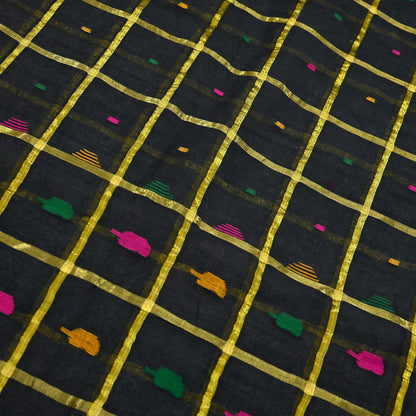 Indian Vintage Sari Black Pure Cotton Hand Woven Sarees Craft Fabric 5yd Ethnic Floral Crafting Upcycle Quilting Dress Making