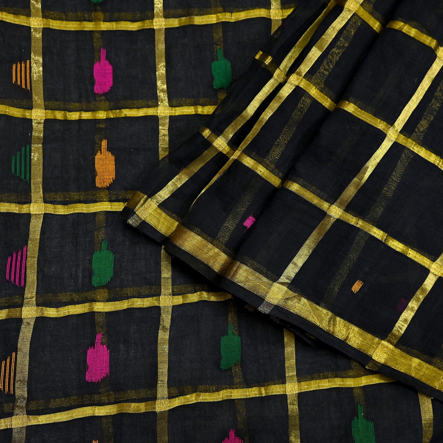 Indian Vintage Sari Black Pure Cotton Hand Woven Sarees Craft Fabric 5yd Ethnic Floral Crafting Upcycle Quilting Dress Making