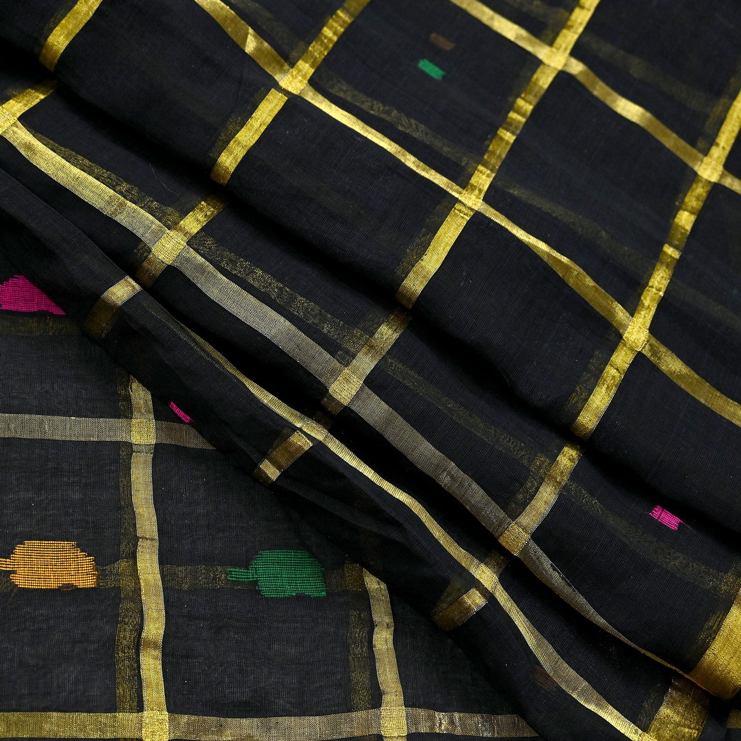 Indian Vintage Sari Black Pure Cotton Hand Woven Sarees Craft Fabric 5yd Ethnic Floral Crafting Upcycle Quilting Dress Making