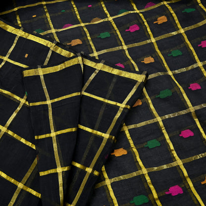 Indian Vintage Sari Black Pure Cotton Hand Woven Sarees Craft Fabric 5yd Ethnic Floral Crafting Upcycle Quilting Dress Making