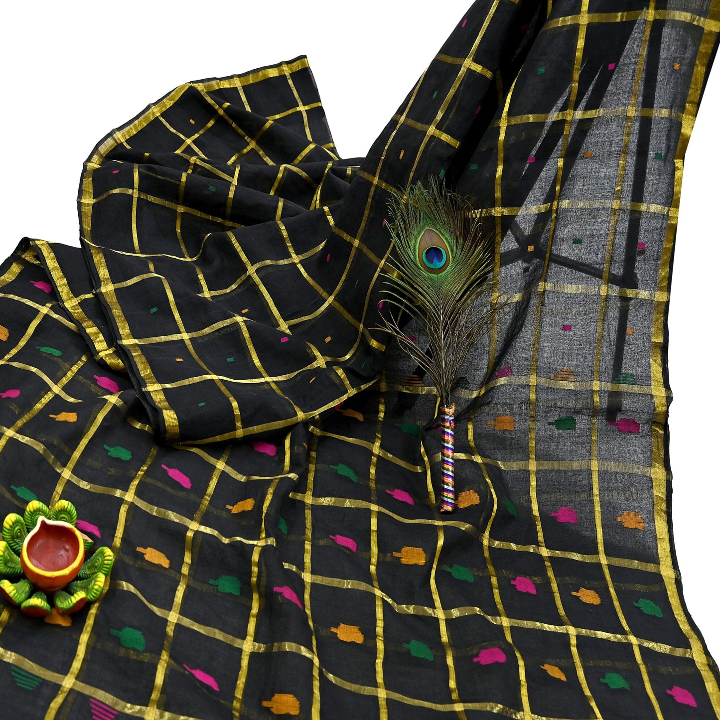 Indian Vintage Sari Black Pure Cotton Hand Woven Sarees Craft Fabric 5yd Ethnic Floral Crafting Upcycle Quilting Dress Making