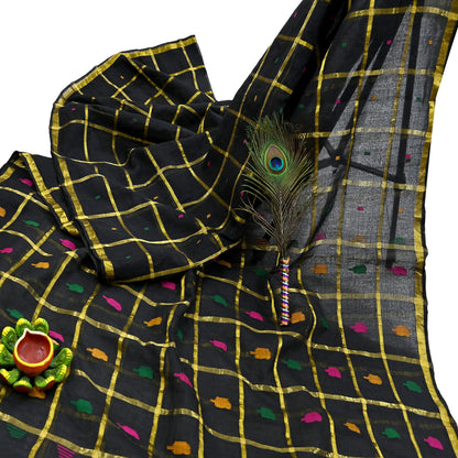 Indian Vintage Sari Black Pure Cotton Hand Woven Sarees Craft Fabric 5yd Ethnic Floral Crafting Upcycle Quilting Dress Making