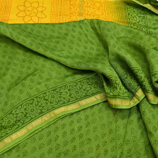 Indian Vintage Green & Saffron Pure Chanderi Silk Saree Block Printed Floral Zari Border 5 Yards Fabric for Sewing Christmas Crafts