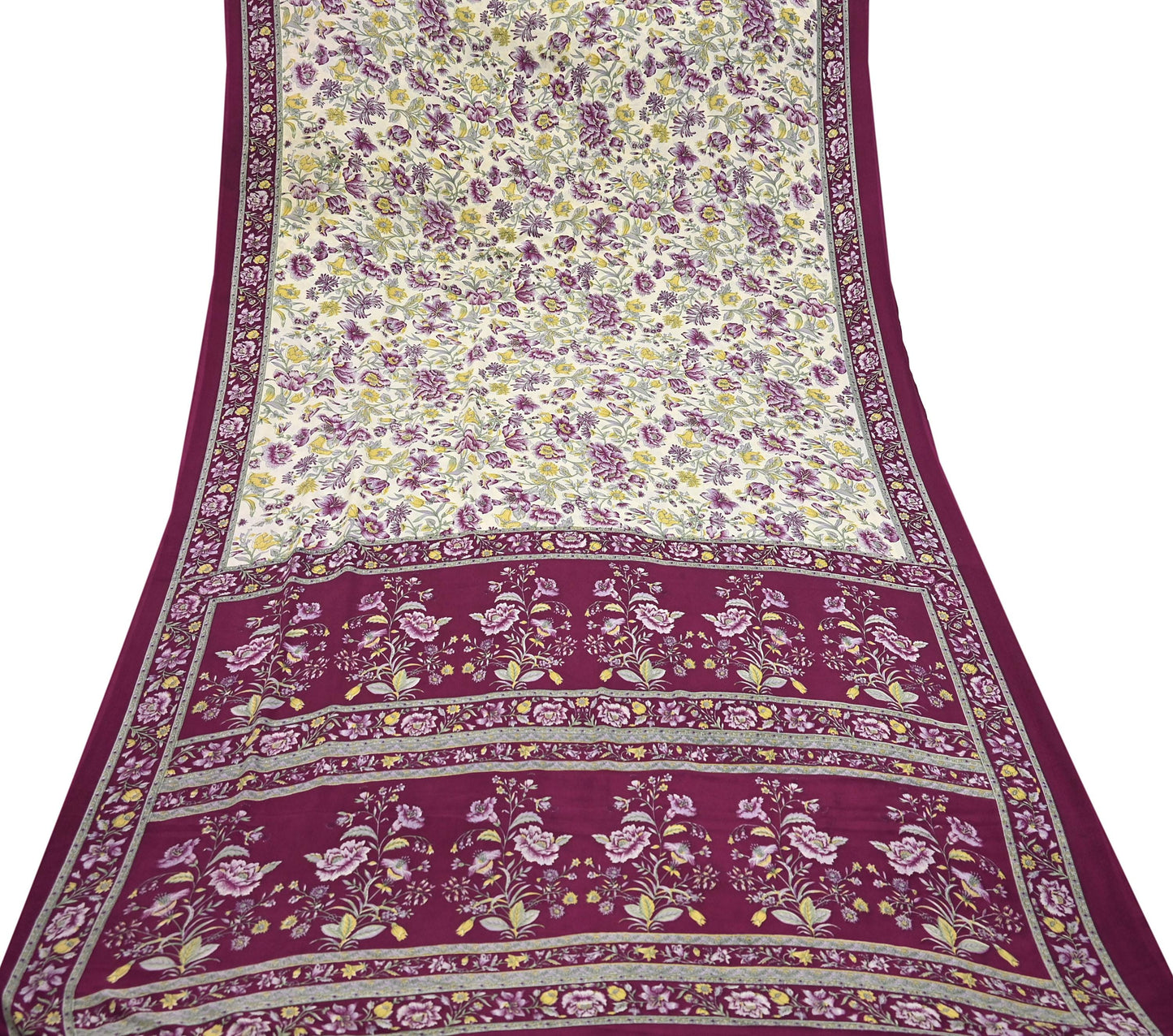 Indian Vintage Sari Maroon & Ivory Moss Crepe Printed Sarees 5yd Craft Fabric Sewing Floral Soft Dress making Quilting Crafting Upcycle Used