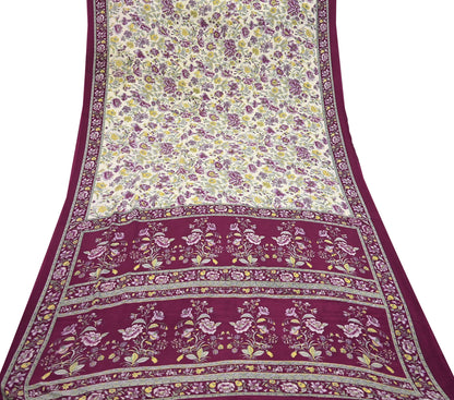 Indian Vintage Sari Maroon & Ivory Moss Crepe Printed Sarees 5yd Craft Fabric Sewing Floral Soft Dress making Quilting Crafting Upcycle Used