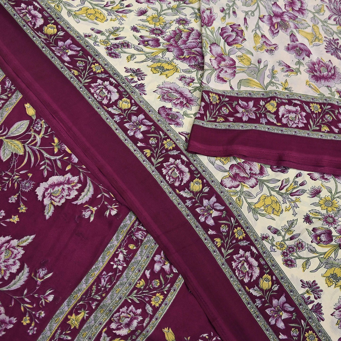 Indian Vintage Sari Maroon & Ivory Moss Crepe Printed Sarees 5yd Craft Fabric Sewing Floral Soft Dress making Quilting Crafting Upcycle Used