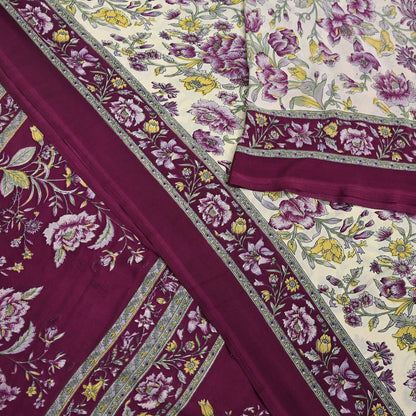 Indian Vintage Sari Maroon & Ivory Moss Crepe Printed Sarees 5yd Craft Fabric Sewing Floral Soft Dress making Quilting Crafting Upcycle Used