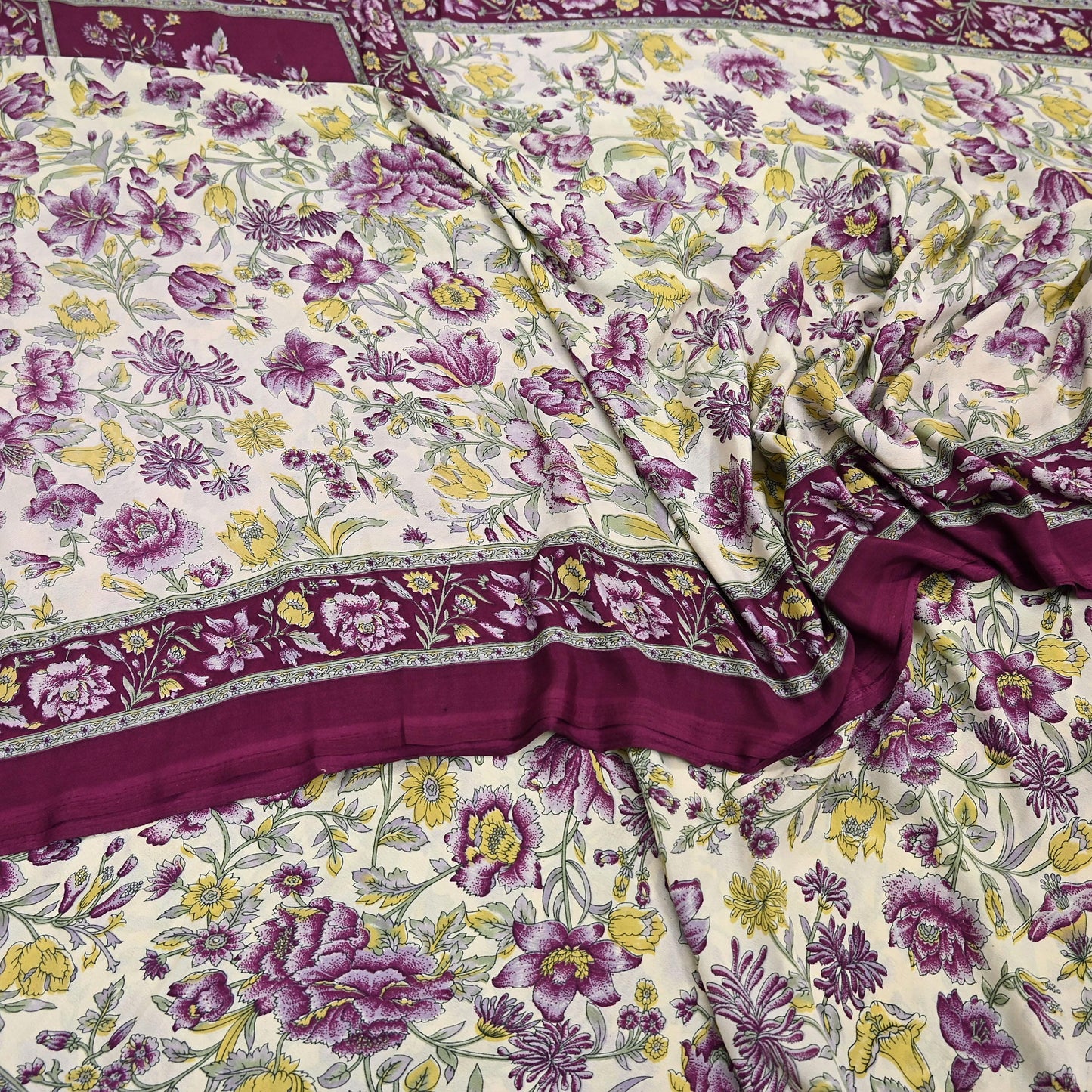 Indian Vintage Sari Maroon & Ivory Moss Crepe Printed Sarees 5yd Craft Fabric Sewing Floral Soft Dress making Quilting Crafting Upcycle Used