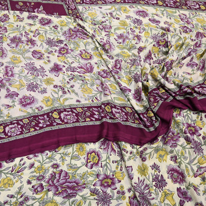 Indian Vintage Sari Maroon & Ivory Moss Crepe Printed Sarees 5yd Craft Fabric Sewing Floral Soft Dress making Quilting Crafting Upcycle Used