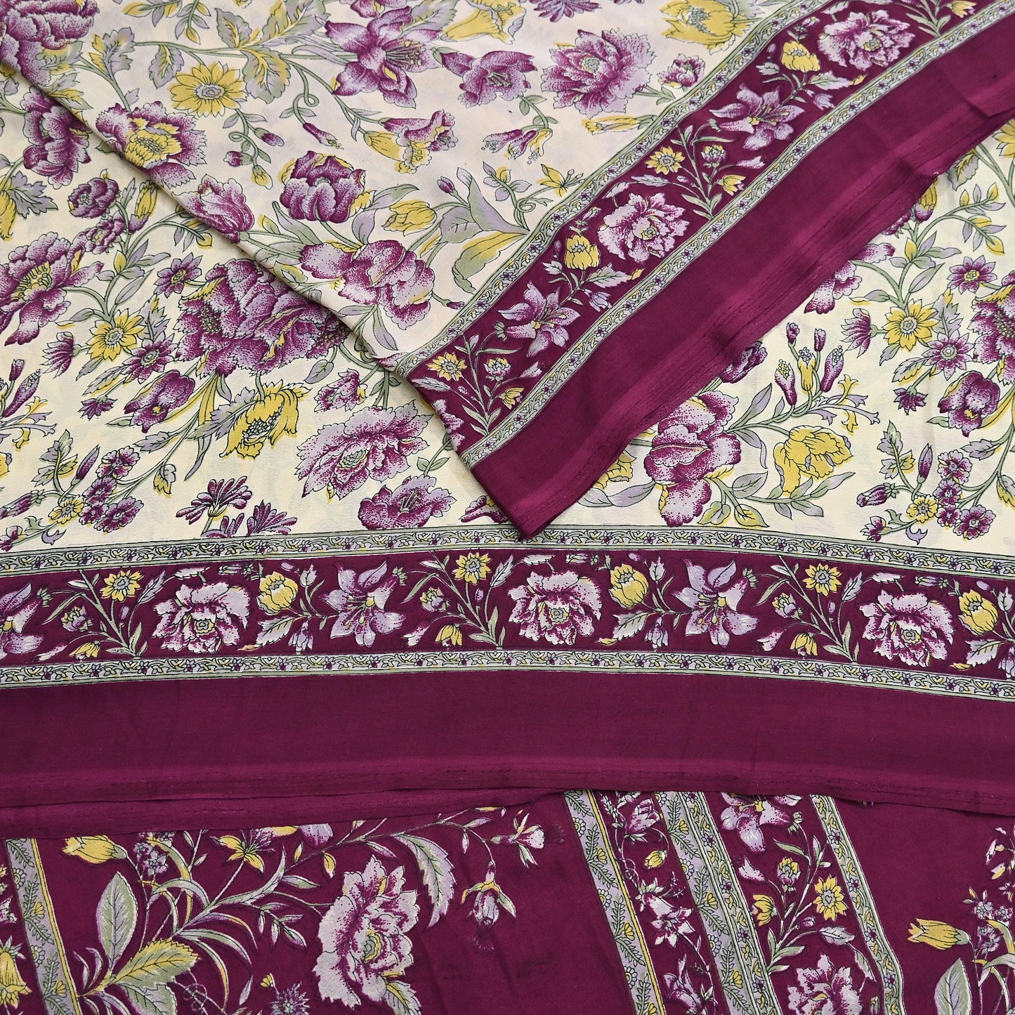 Indian Vintage Sari Maroon & Ivory Moss Crepe Printed Sarees 5yd Craft Fabric Sewing Floral Soft Dress making Quilting Crafting Upcycle Used