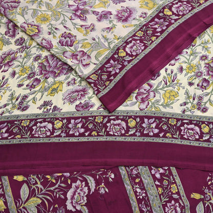 Indian Vintage Sari Maroon & Ivory Moss Crepe Printed Sarees 5yd Craft Fabric Sewing Floral Soft Dress making Quilting Crafting Upcycle Used