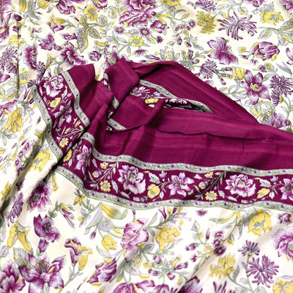 Indian Vintage Sari Maroon & Ivory Moss Crepe Printed Sarees 5yd Craft Fabric Sewing Floral Soft Dress making Quilting Crafting Upcycle Used