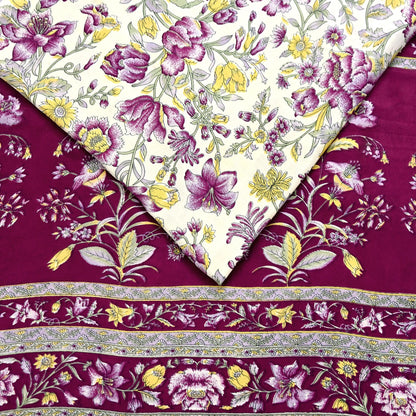 Indian Vintage Sari Maroon & Ivory Moss Crepe Printed Sarees 5yd Craft Fabric Sewing Floral Soft Dress making Quilting Crafting Upcycle Used