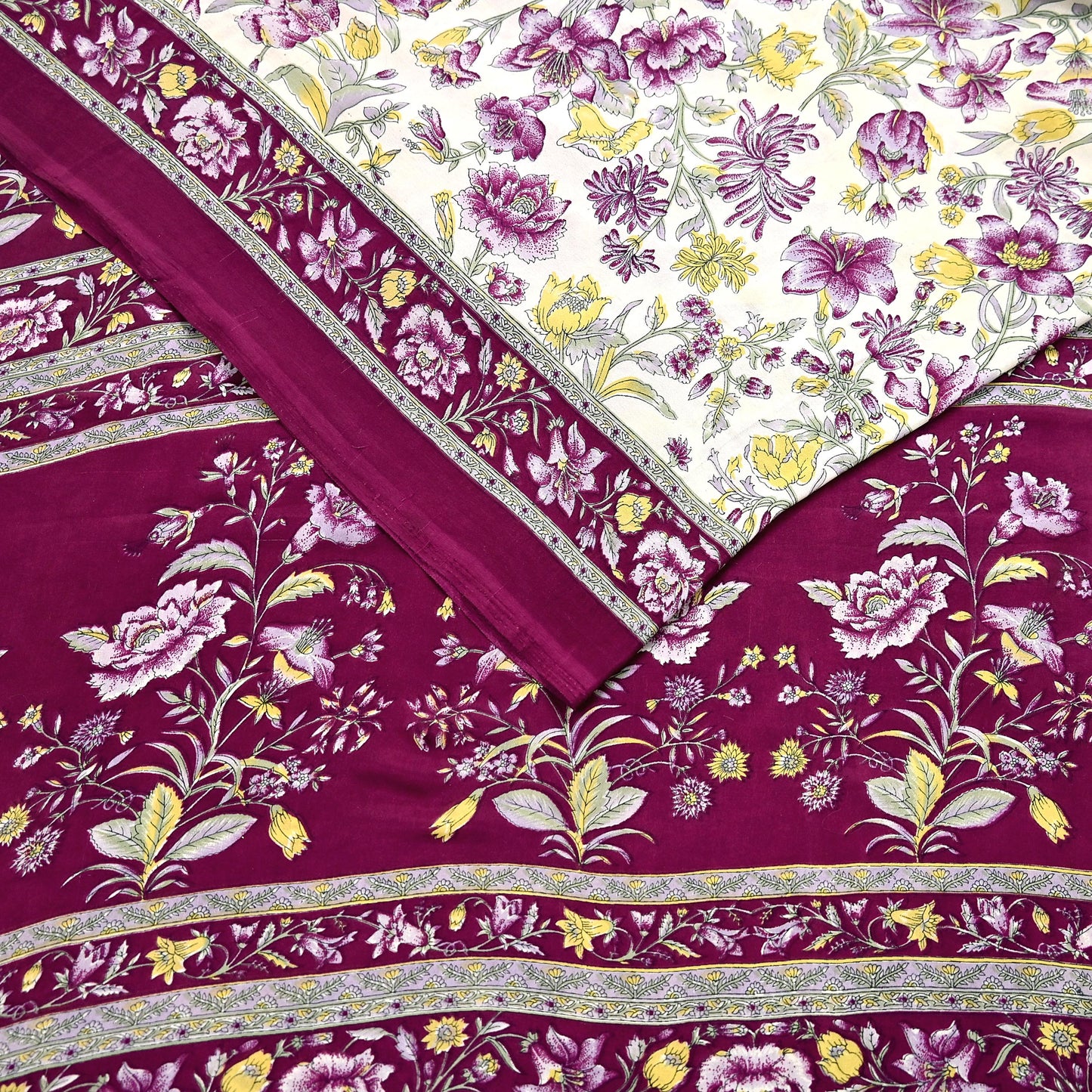 Indian Vintage Sari Maroon & Ivory Moss Crepe Printed Sarees 5yd Craft Fabric Sewing Floral Soft Dress making Quilting Crafting Upcycle Used