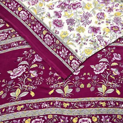 Indian Vintage Sari Maroon & Ivory Moss Crepe Printed Sarees 5yd Craft Fabric Sewing Floral Soft Dress making Quilting Crafting Upcycle Used