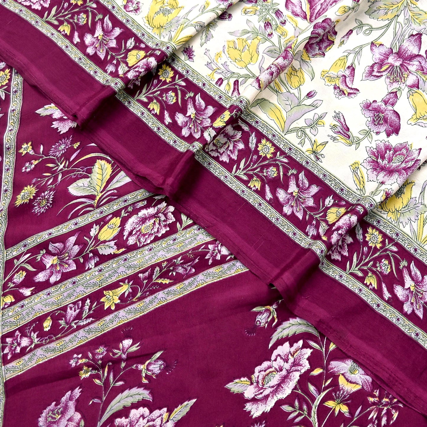 Indian Vintage Sari Maroon & Ivory Moss Crepe Printed Sarees 5yd Craft Fabric Sewing Floral Soft Dress making Quilting Crafting Upcycle Used